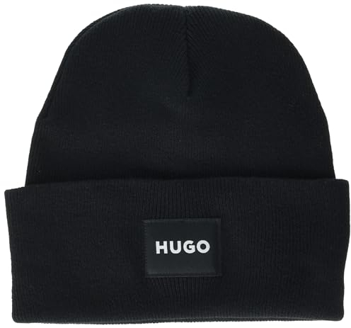 HUGO Herren quadratischem Logo, Baumwollmischgewebe Beanie-Mütze, Black Storm, Einheitsgröße