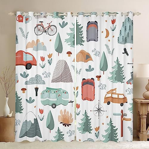 Verdunkelungsvorhänge mit Camper-Thema für Wohnzimmer, Happy Camping-Vorhänge, Reise-, Auto-, Wohnmobil-Zubehör, Fenstervorhänge, Vorhänge, botanische Blumen, Bergabenteuer, Fensterbehandlungen,