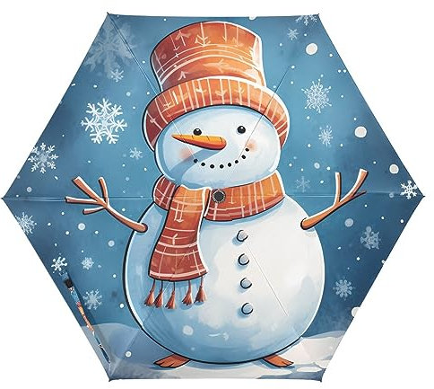ZRWLUCKY Bonhomme de neige bleu, blanc, rouge, trois parapluies pliants automatiques de voyage coupe-vent, solides, compacts, parapluies portables pour UV et pluie pour femmes, hommes, adolescents