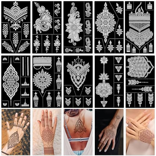 HOWAF 10 Blatt Henna Tattoo Schablonen, Temporäre Tattoo Schablonen Glitter Tattoos Schablonen Wiederverwendbar Hand Tattoo Aufkleber Feder Mandala Blume Schablonen für Frau Kinder Mädchen