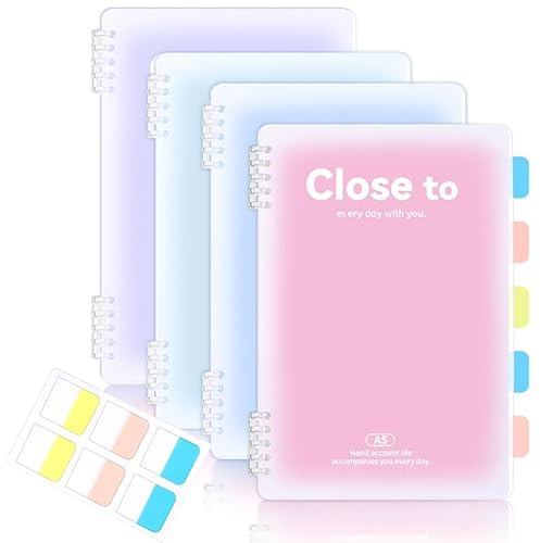 IDEWEI Aesthetic Spiralnotizbücher, A5, Spiralnotizbuch, 21,6 x 15,9 cm, wasserdichter Kunststoff, Hardcover, 8 mm liniert, 120 Seiten, Tagebücher für Studium und Notizen, 4 Stück