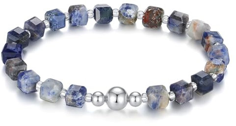 MetJakt Handgemachtes Stretch Armband mit 6MM Echtes Naturstein Würfel Design und 18k Vergoldete Kugel Edelstein Perlenarmband für Damen und Herren (Sodalith -Silber)