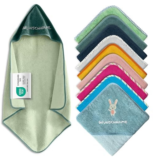Kapuzenhandtuch Baby mit Namen Bestickt, Oeko-TEX® Standard 100 - Personalisiertes Babyhandtuch mit Kapuze aus Reiner Baumwolle mit gesticktem Namen und Motiv (Dunkelgrün, 100 x 100 cm)