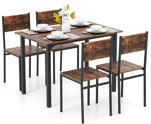 COSTWAY Dining Table and Chairs Set 4, Rectangular Kitchen Table and 4 Chairs with Wide Back & Foot Pads, Metal Frame Space Saving Dining Room Set for Home Restaurant (Rustic Brown+Black)