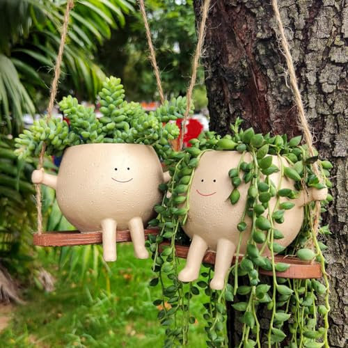 RuiDay Smiley Pots De Fleurs À Suspendre,Pot de Fleur Suspendu avec Visage Sourire Et Balançoire,Résine Pot Plante Interieur,Décoration Murale pour Intérieur, Balcon et Jardin