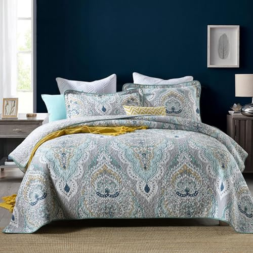 USTIDE Luxurious Quilted Bedspreads King Size Soft Cotton Comforter Pasiley Bedding Set Ethnic Exotic Style Quilt for Summer with 2 Pillowcases