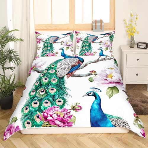 Castle Fairy Bettbezug-Set mit buntem Pfauenmotiv, King-Size-Größe, tropische Wildtiere, 3-teilig, für Kinderzimmer, Dekoration, rosa und violette Blumen, Bettdeckenbezug, Wildvögel, Tier, Bettbezug,