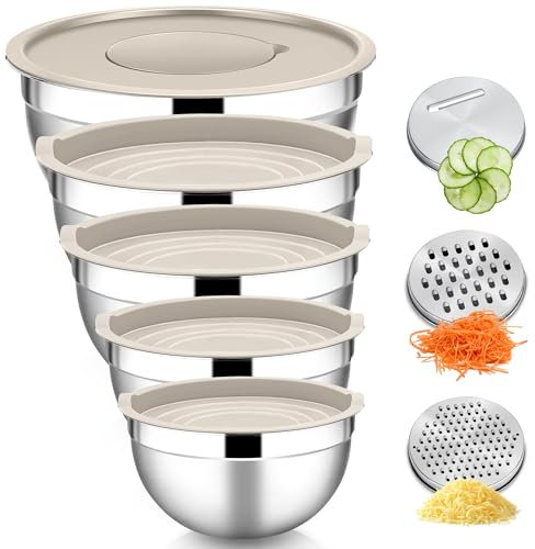 HaWare Rührschüssel 5er Set, Edelstahl Schüssel Salatschüssel Set mit Luftdichtem Deckel & 3 Reibenaufsätzen zum Kochen Backen, 4,6L/2,8L/1,6L/1,2L/0,7L, Stapelbar & Spülmaschinenfest, Khaki
