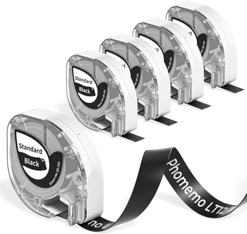 Phomemo LT12 Label Maker Tape LT12 Label Replacement for DYMO LetraTag Refills, 12mm x 4m White on Black, 5 Rolls，Compatible with Dymo LetraTag 200B LT-100H Phomemo P12 P12 Pro LT12 Label Tape