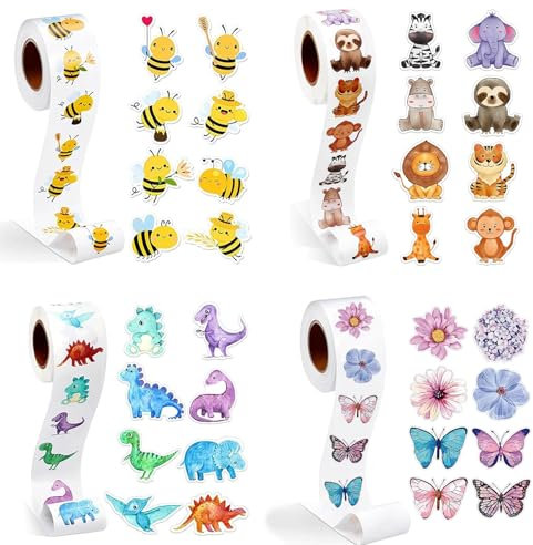 WEDAMOO 2000 Stück Animal Sticker Rolle, Cartoon Tiere Belohnungsaufkleber Selbstklebend, Niedlich Biene Aufkleber, Schmetterlings Blumen Aufkleber für Scrapbooking, Umschläge(4 Rolle)