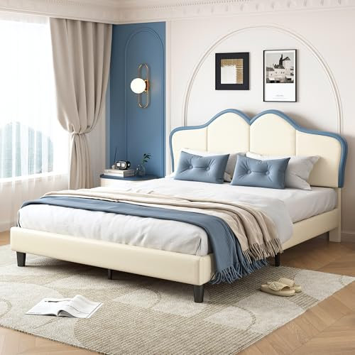 Merax Kinderbett Polsterbett 140x200, Mädchen Bett mit weichen Schutzkanten, Stabile Bettfüße, Elegantes gepolstertes Kopfteilprofil, Doppelbett, PU,Weiß+Blau, 140x200cm(ohne Matratze)