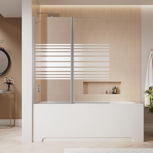 SIRHONA Pare-baignoire 120 x 140 cm, Verre Trempé Transparent de 6 mm, Rotation à 180°, Avec Tirant Cylindrique, Peut Être Monté à Gauche Ou à Droite, Aluminium Argenté Brillant