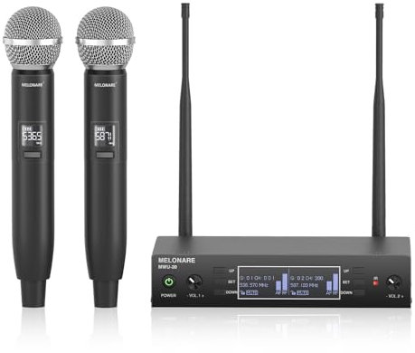Microfono wireless a doppio canale, MELONARE Auto-Scan Professional Cordless Dynamic Mic Set, 328 ft Range, 2x100 UHF Metal Wireless Mic per cantare, karaoke, chiesa, matrimonio, DJ (MWU-20-2H)