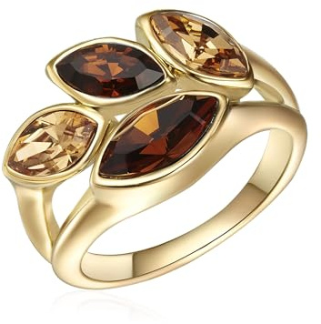 Lulu & Jane Damen Ring gelbvergoldetes Metall verziert mit Kristallen | Colorado,Topas,Motivring,Blätter,Statementring,Modeschmuckring