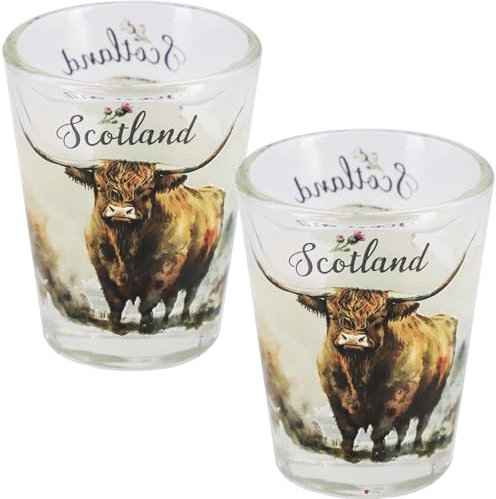 I LUV LTD Double Tot Glasses with Heavy Base, Scottish Highland Cow Design, Great Souvenir Gift Set, 50ml, Pack of 2