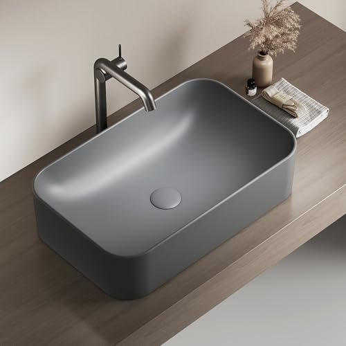EMKE Lavabo da Appoggio Rettangolare 61 × 38 × 15 cm – Lavabo per WC Ospiti, Lavabo in Ceramica per Bagno,Grigio scuro opaco