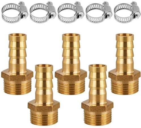 Messing Schlauchanschluss, 5 Stück 10 mm Widerhaken x 3/4 Zoll Außengewinde Rohradapter, mit 5 Stück Schlauchschelle für Luftschlauch Gasschlauch Wasserschlauch, Kraftstoffleitung
