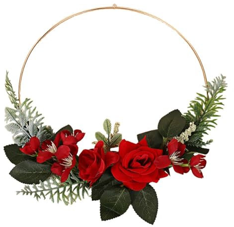 Wambere 1 Stück Hängen Kranz Blumenkranz Deko Künstlich Blumen,Girlande für Haustür Fenster Wand Hängepflanzen-Dekokranz für Hochzeit Party Garten,Hochzeit,Party,Festival,Weihnachten,Rot