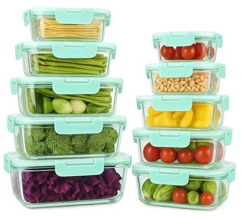 10-Piece Glass Meal Prep Containers, Rectangular & Square, Airtight Glass Containers with lids, reusable Lunch Containers with leak-proof silicone Ring,Oven, Microwave, Freezer & Dishwasher safe