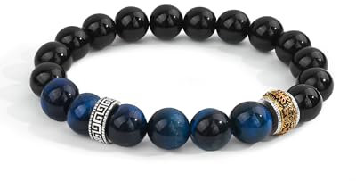 VGWON Bracelet Homme Perle Obsidienne Pierre Œil de Tigre Bleu - 8 mm Bijoux Cordon Élastique Réglable Cadeau Homme Anniversaire Bracelet Personnalisé Noël Envoyer à Futur Papa Mari Papa Ami Frère