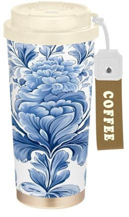 Ewusp Blue and White Floral Insulated Coffee Mug 500 ml Stainless Steel Travel Tumbler BPA Free Reusable Vacuum Double Wall Coffee Cup