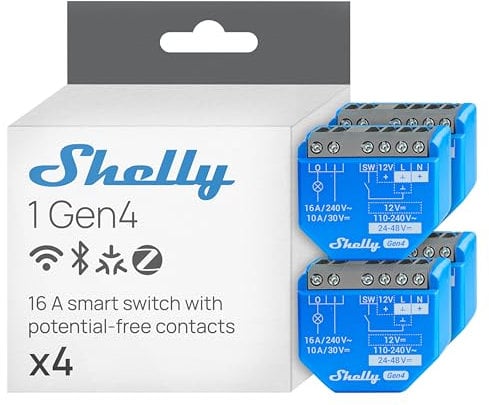 Shelly 1 Gen4 - WLAN Smart Relais Schalter, Potentialfreier Kontakt, 1 Kanal, 16A, Lichtschalter, Garagentoröffner, Smart Home, Zeitschaltuhr, Alexa & Google, Matter, Kein Hub Erforderlich (4 Stück)