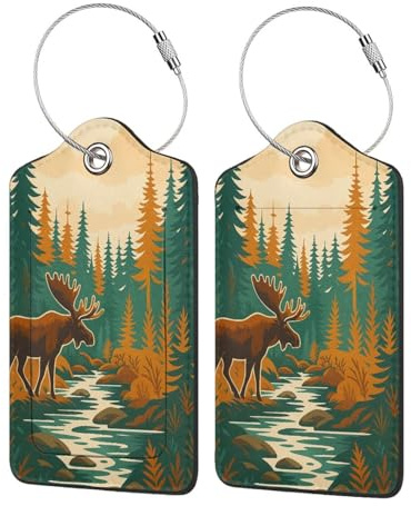Gepäckanhänger mit Edelstahlschlaufe, Motiv: Elch neben Bach, Sichtschutzhülle, lustig, niedlich, einzigartiges Muster, 2 Stück