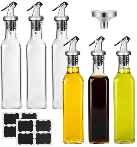 YKUKIZEE 6PCS Glass Oil Bottle, 250ML Clear Olive Oil Dispenser with Spout | Square Vinegar Bottles, Refillable, with Funnel, for Cooking Oil, Soy Sauce, Kitchen, Condiment