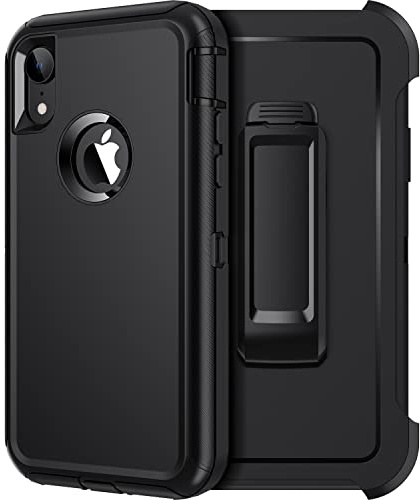 Mieziba for iPhone XR Case, Heavy Duty Shockproof Dust/Drop Proof 3 Layer Full Body Protection Rugged Cover Case with Belt Clip Holster for Apple iPhone XR 6.1,Black