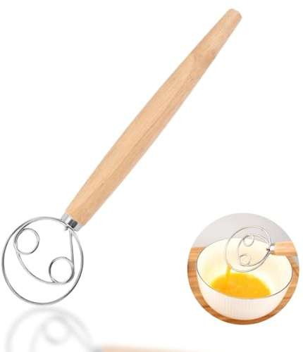 Lyivisk Fouet à pâte danois de 33 cm en acier inoxydable fouet de style néerlandais avec manche en bois Fouet mélangeur à double trou pour pâte à pain, gâteau, pâtisserie, pâte à pizza
