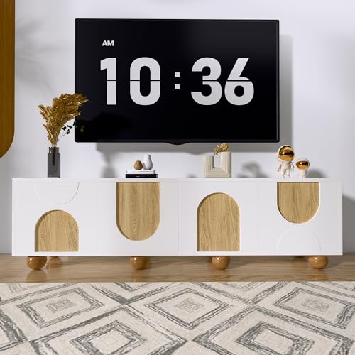 FammyLoft TV Schrank mit Vier Türen, Lowboard mit Vintage-Holzmaserung, Fernsehtisch Runde Holzbeine, TV Tisch, TV Sideboard, Einzigartiges Design, für Wohnzimmer, 175 x 38 x 50 cm, Natur + Weiß