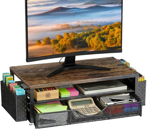 Monitorständer, Monitorständer Mit 2 Ebenen, Schreibtisch Organizer | mit Schublade und 2 Stifthaltern, Laptopständer, Computerständer, Unterbau Bildschirm, für Monitor Laptop Drucker