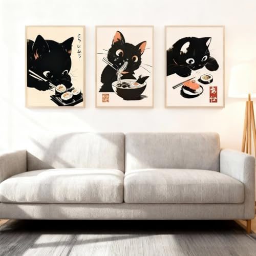 Xiyocadt 3er Poster Set,Lustige Katze Leinwandbilder,Vintage Schwarze Katze Wandkunst,Katzen Essendes Ramen und Sushi Poster,für Esszimmer,Schlafzimmer Wohnzimmer,Ohne Rahmen (30x40cm)
