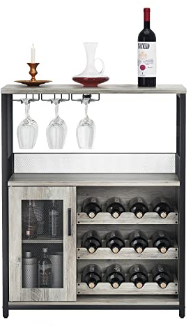 Litake Kompakter Weinbar-Schrank mit abnehmbarem Weinregal – Glashalter, Mesh-Tür, Stauraum – Modernes Sideboard & Buffet für Wohnzimmer, Küche oder Bar – Grau