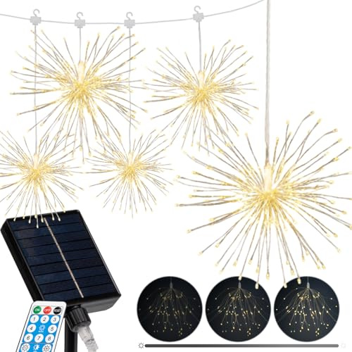Lumiled Solar Lichterkette Außen 450 LED 5 Stück Pusteblume Feuerwerk 4m mit Fernbedienung 8 Modi Dimmbar USB C Solarpanel IP44 Warmweiß 3000K Garten Deko für Terrasse Balkon