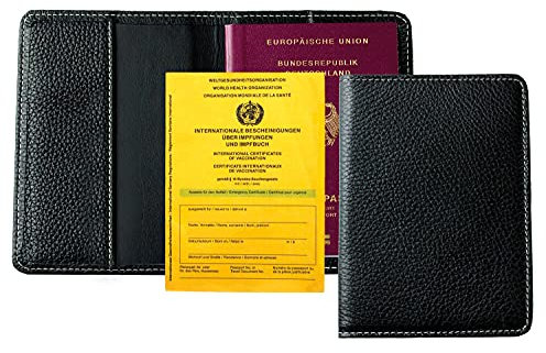 DELMON VARONE - Personalisierbare Reisepasshülle aus Soft Grain Leder Schwarz - Reisepass Schutz-Hülle für Ausweis, Passport, Impfpass & Impfausweis - Impfbuch Etui Einsteckhülle personalisiert