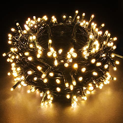 YOSION 13M Cavo Verde Scuro Catena Luci A Led Luminoso Natalizia Luce Lucciole Con 12 Funzioni Ideale Per Natale Compleanni Feste (100 LED, Bianco Caldo)