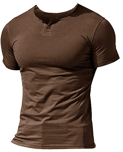 Men Summer Casual Short Sleeve Henleys T-Shirt Single Button Placket Plain v Neck Shirts Cotton Style A Brown XXL