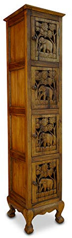 Kinaree Hochschrank Chang III - 160cm Schrank aus massiver Akazie mit aufwändigen, handgefertigten Elefanten Schnitzereien
