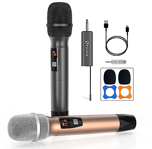 FDUCE Microfono Wireless, Microfono Karaoke, Doppio Sistema Dinamico Palmare UHF con Ricevitore Ricaricabile per Feste, Chiesa, Riunioni, Matrimoni, 200ft (Grigio e Oro)
