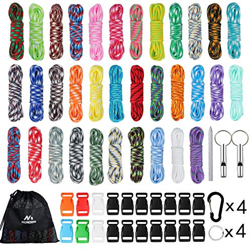 DENDAWEN MONOBIN 550 Paracord-Armband Kit – Typ III Survival Fallschirmschnur Combo Bastelset mit Schnalle, Karabiner und Schlüsselring zur Herstellung von Paracord-Armband, Hundehalsband, Lanyard