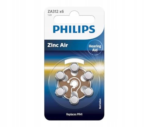 PHILIPS Blister 6 Zink-Luftbatterien, ideal für Hörgeräte (PR41), 1,4 V, 160 mAh,
