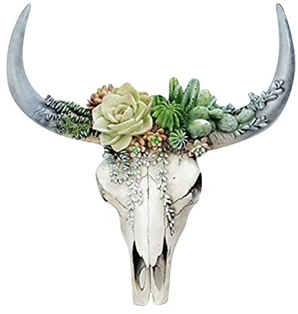 ikasus Stierkopf Harz Wanddekoration,Polyresin Stier Bulle Longhorn Kopf,Blume Kuh Schädel Wanddekoration Kinderzimmer Dekor, Simulation 3D Tier Kuh Schädel für den Innenbereich,In-/Outdoor