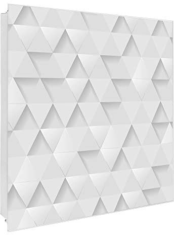 banjado Großer Schlüsselkasten Glas - Schlüsselbox 30x30cm mit 50 Haken - Schlüsselkasten modern für Schlüsselaufbewahrung mit beschreibbarer, magnetischer Glastür - Motiv Weisse Dreiecke