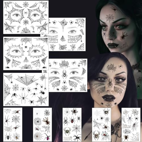 Halloween Tatouages Temporaires Autocollant, 10 Feuilles Araignée Tatouage Temporaire, Tatouages d'araignées, Maquillage Halloween pour Visage, pour Halloween Carnaval Cosplay Costume Maquillage Fête