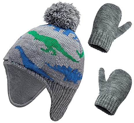 ITODA Beanie Mütze Kinder Handschuhe Set Strickmütze Dino Kinderhut Plüschfutter Kindermütze Jungen Wintermütze mit Ohrenklappe Kinderhandschuhe Strick Wollmütze Winter Herbst Freizeitmütze Geschenk