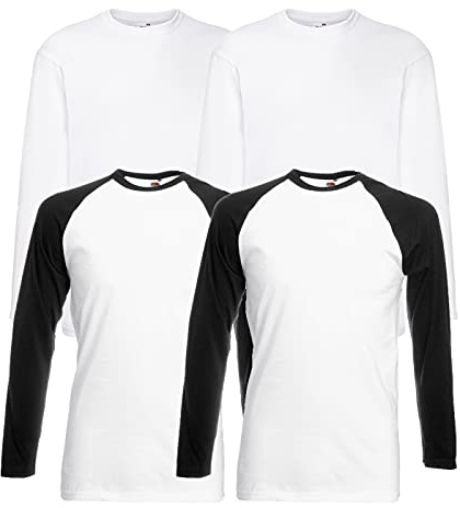 Fruit of the Loom 4 T Shirt Longsleeve Baseball T M L XL XXL Langarm (XL, 2 Base Whiteblack + 2LS Weiss + 1 HLKauf Notizblock)