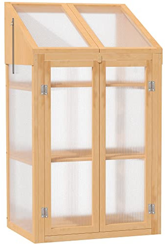 Outsunny Wooden Cold Frame Polycarbonate Greenhouse with Openable Top Cover and Double Door, Grow House for Flower, Vegetable and Plants, 70 x 50 x 120cm, Grey