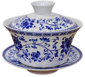 KOPYFANTAP Gaiwan Porcelaine, Tasses à thé en Traditionnelle Chinoise Kungfu, Lotus Graphique, 300ML Grande