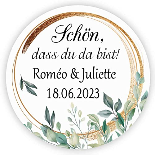 MameArt 50stk 4cm Personalisiert Hochzeit Aufkleber, Schön DASS du da bist mit Namen Sticker für Hochzeit Taufe Kommunion Feste Geschenke Präsente (Kranz A)